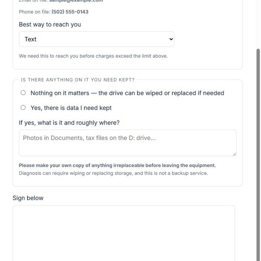 A drop-off authorization form the customer signs on their own phone, with terms and a spending limit