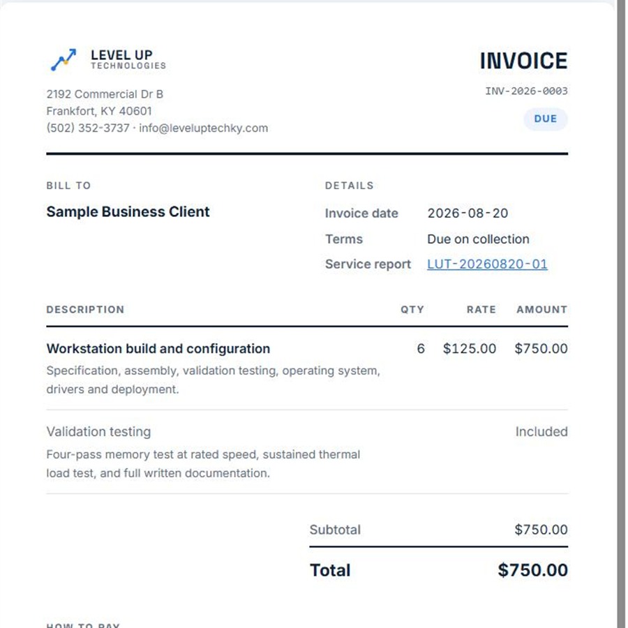 A hosted invoice with itemized work and a pay online button