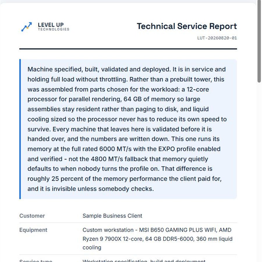 A Level Up Technologies job report showing equipment details and a work timeline