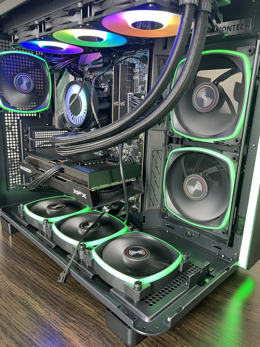 Interior of the finished workstation showing the liquid cooling loop